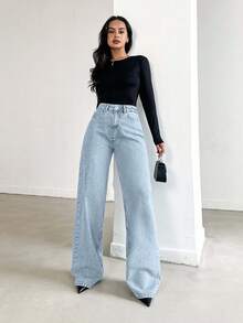 SHEIN Petite High Waist Casual Style Light Blue Snow Wash Regular Fit Button Front Wwideleg Jean - Light Wash - View 1