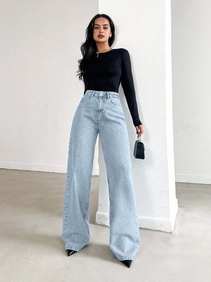 SHEIN Petite High Waist Casual Style Light Blue Snow Wash Regular Fit Button Front Wwideleg Jean - Light Wash - View 1