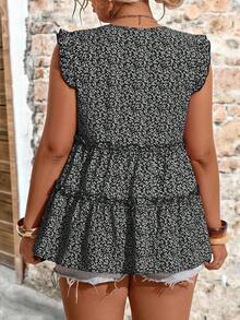 EMERY ROSE Blusa elegante de talla grande tejida con estampado floral, cuello en V, mangas volantes y ribete de volantes, adecuada para vacaciones, exteriores, uso diario, primavera/verano - Negro - Ver 2