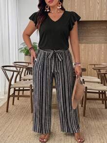SHEIN Frenchy 两件套加大码女式波西米亚风黑色纯色上衣搭配黑白条纹长裤，时尚新款式，适合春夏户外穿着 - 黑色 - 查看 5