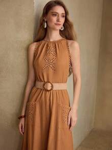MOTF PREMIUM VESTIDO LARGO SIN MANGAS CON DISEÑO DELICADO DE MODA Y ADORNO DE ENCAJE BORDADO CALADO PARA MUJERES - Caqui - Ver 4