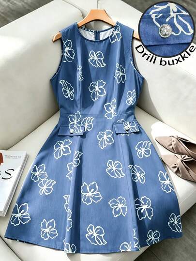 GlowEve CURVE Đầm denim màu xanh hoa cổ tròn cỡ lớn, thời trang mùa xuân/hè dành cho nữ.