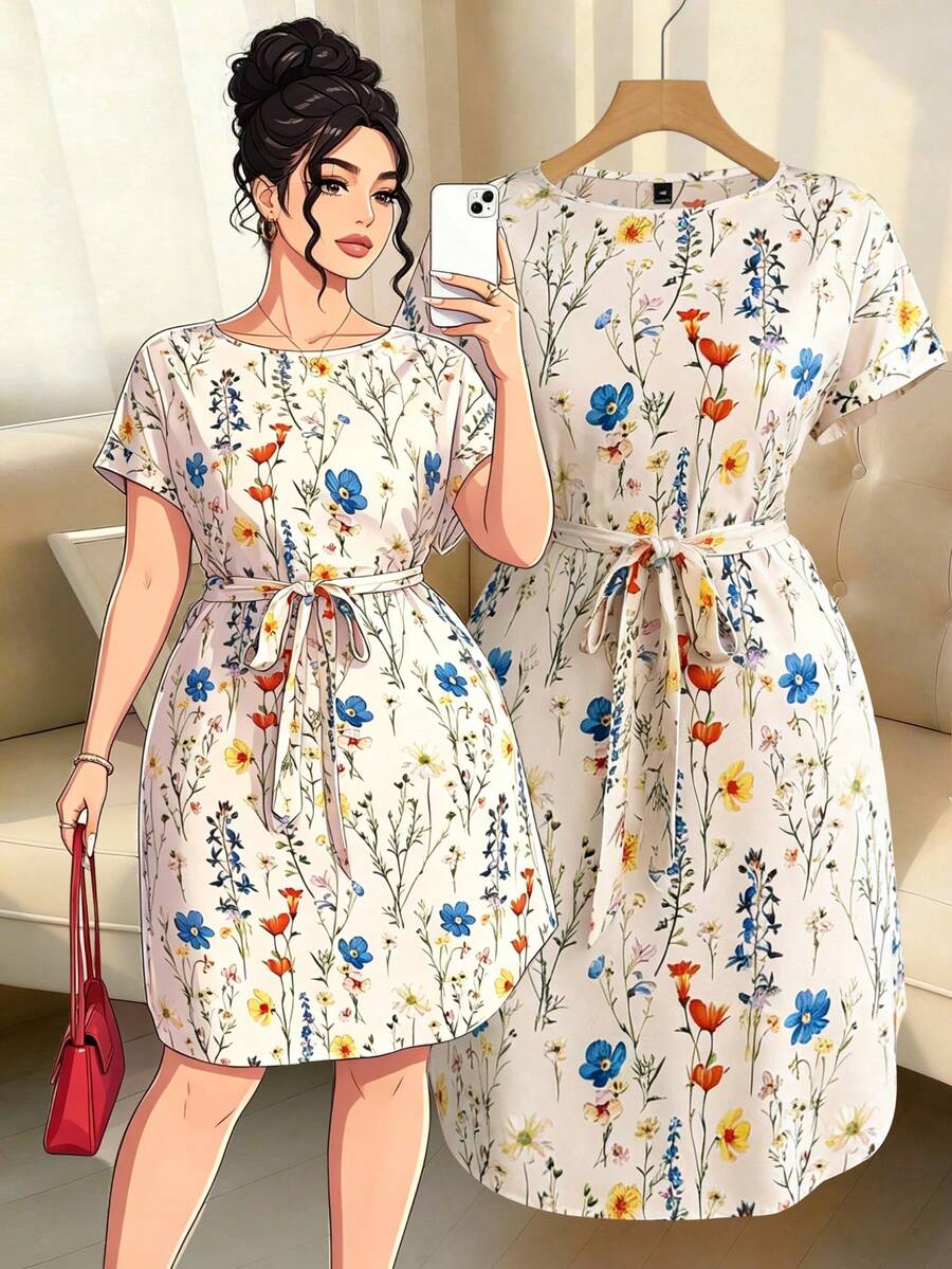 SHEIN Elenzya 优雅夏日连衣裙,饰有大号梭织印花 - 杏色 - 查看 1