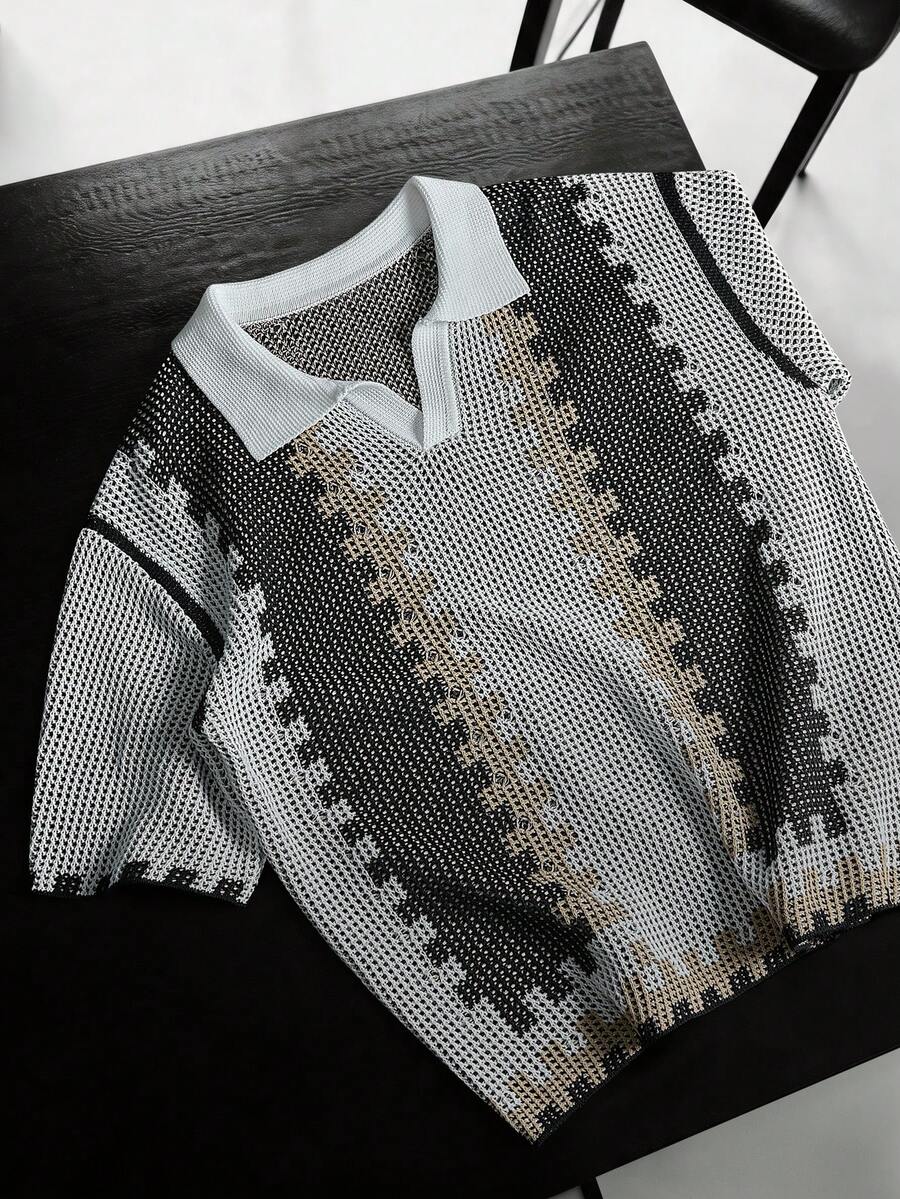 Manfinity Hypemode Men's Casual Contrast Color Polo Collar Short Sleeve Knit Top, Summer - Black and White - View 1