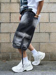 Manfinity EMRG Men's Casual Washed Big Pocket Wide Leg Cargo Denim Shorts - Light Grey - View 4