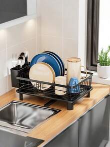 1pc Dish Drying Rack With Cutlery Holder, Space-Saving Kitchen Countertop Dish Drainer Rack, High-Quality Kitchen Storage Organizer - Black - View 10