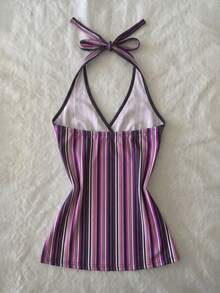 IslaSuriya Women's Striped Contrast Color Lace Patchwork Halter Neck Camisole - Multicolor - View 2