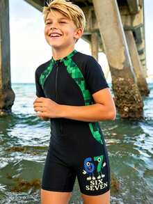 SHEIN Tween Boy Casual Cartoon 67 Number Colorful Building Block Pattern One-Piece Swimsuit, Suitable For Beach, Swimming, Surfing - Black - View 2