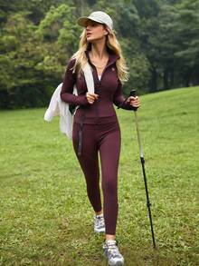 SHEIN In My Nature Women's Zip-Up Jacket And Leggings Outdoor Suit - Burgundy - View 4