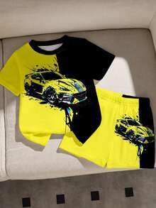 Set de 2 piezas de camiseta con estampado de coche y pantalones cortos para niños pequeños, estampado digital en negro y amarillo, conjunto de ropa casual y de moda para niños, adecuado para usar en verano, primavera y todas las estaciones, estilo callejero limón amarillo - Multicolor - Ver 3