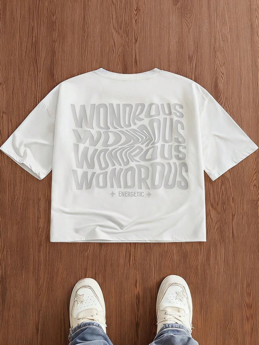 SWAVVY Loose Fit Men's Elastic Knit T-Shirt With Slogan Print - White - View 1