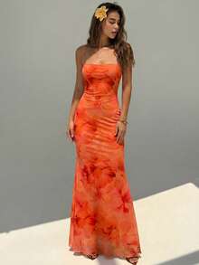 Aloruh Robe de vacances à imprimé floral polyvalente et à la mode pour femmes, convient pour les sorties - Orange - Voir 4