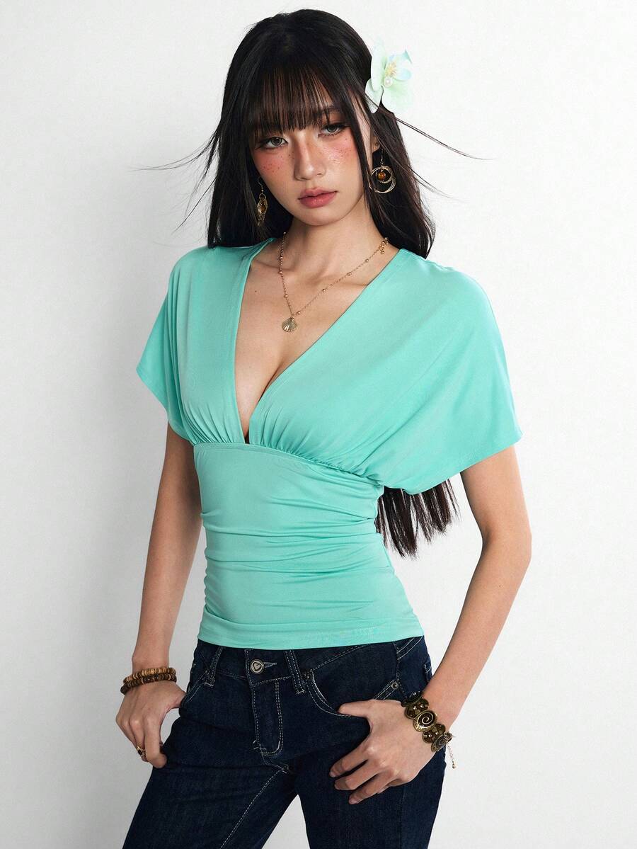 Rina Fox 女款薄荷藍深V領露背短袖修身上衣 - 薄荷藍 - 查看 1
