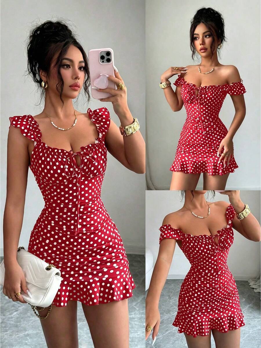 VaVaBold Vestido ajustado con estampado de lunares y volantes en el bajo - Burdeos - Ver 1