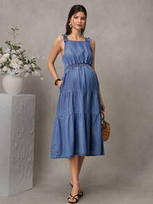 SHEIN Maternity Autumn Casual Vacation Commute Maternity Photoshoot Cinched Waist Denim Dress Dusty Blue - Medium Wash - View 6