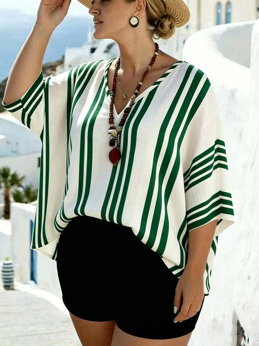 EMERY ROSE Plus Size V-Neck Batwing White Vacation Chiffon Cover Up Beach Summer - Green - View 1
