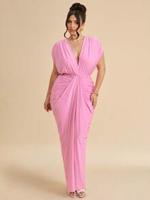 SHEIN BAE Đầm dự tiệc/hẹn hò thời trang màu trơn dành cho nữ cỡ lớn, cổ chữ V sâu, xếp ly. - Hồng - Xem 4