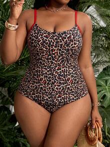 Swim Lushoire Plus Size Women Leopard Print Sling Backless Tankini Swimwear Set, Vacation Beach - Red - View 5