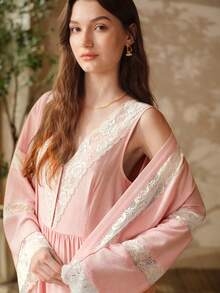 MOTF PREMIUM 2PCS ELEGANT LACE ROMANTIC PATCHWORK NIGHTGOWN & CASUAL LUXURY LACE TRIM ROBE SET - Pink - View 5