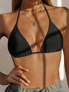 Elavelle Solid Color Halter Twist Back Bikini Top - Black - View 4