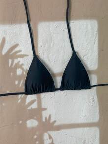 Elavelle Solid Color Halter Twist Back Bikini Top - Black - View 5