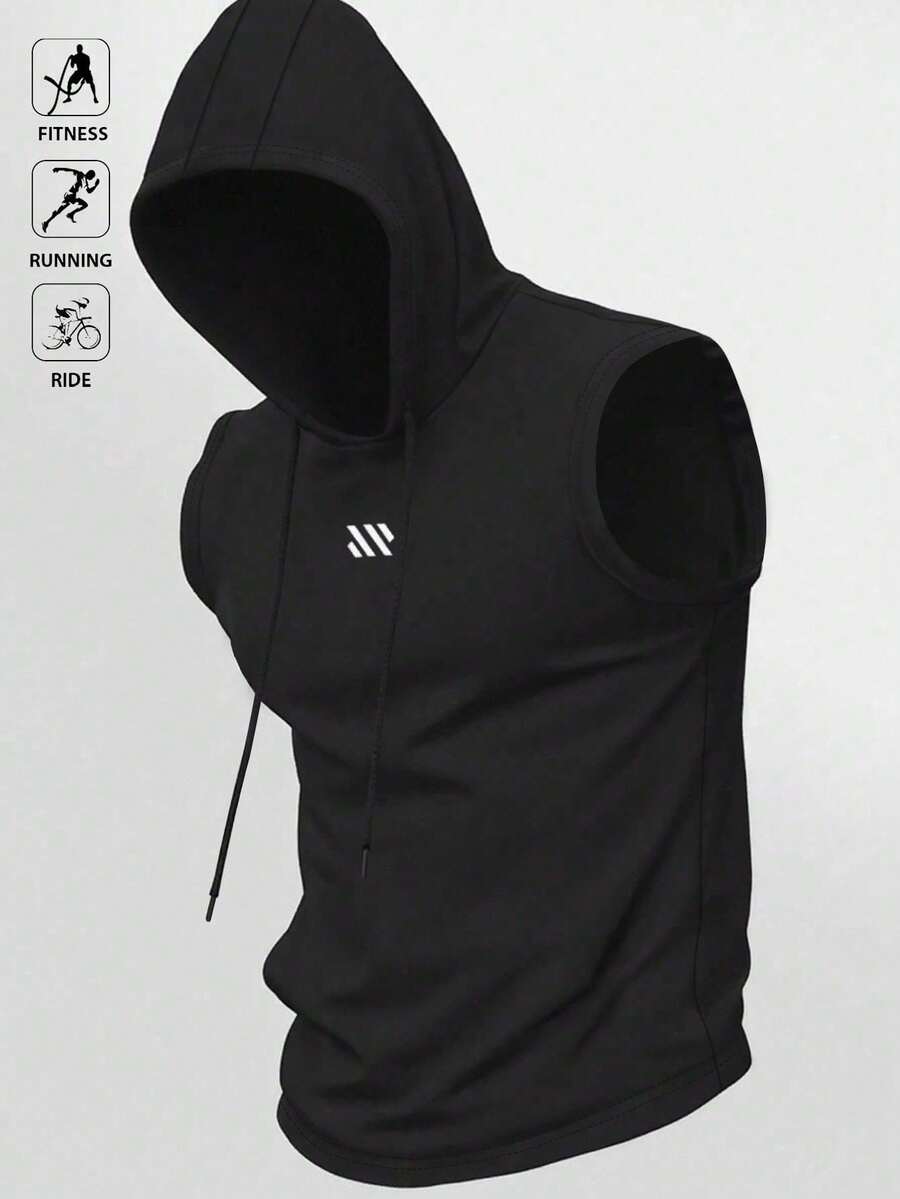 Acti Log Áo tank top thể thao nam có mũ trùm đầu, in họa tiết hình học, dây rút - màu đen - Xem 1