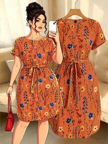 SHEIN Clasi 优雅夏日连衣裙，饰有大号梭织印花 - 橘色 - 查看 3
