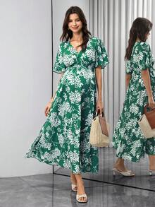 Momance Đầm bầu tay ngắn cổ chữ V in hoa thanh lịch, thích hợp cho mùa xuân/hè. - màu xanh lá - Xem 4