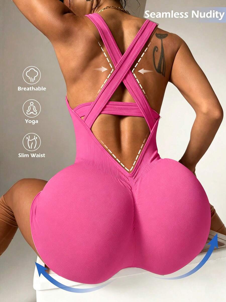 SHEIN 女士纯色露背镂空无缝运动连体衣 - 玫紅色 - 查看 1