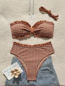 Swim Mod Bộ 2 món dành cho bé gái tuổi teen, gồm áo tankini kẻ caro nhún bèo và quần bơi cạp cao. - Cà phê nâu - Xem 5