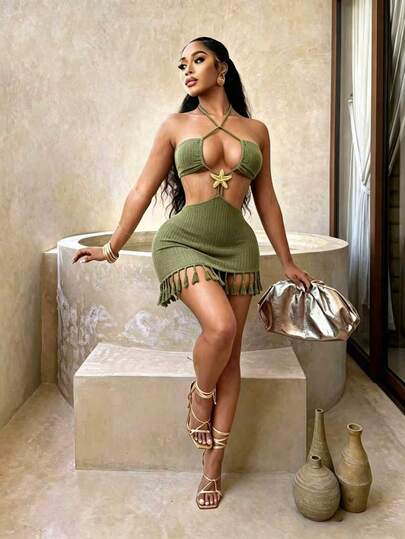 BamGleam Minifalda ajustado con dobladillo de borlas y decoración de estrella de mar hueca en verde militar, vestido sexy para playa y vacaciones en la isla