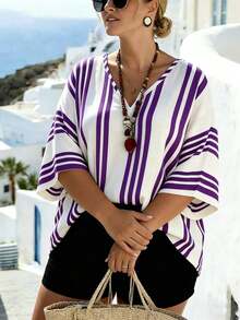 EMERY ROSE Plus Size V-Neck Batwing White Vacation Chiffon Cover Up Formal Vacation Summer Casual - Purple - View 7