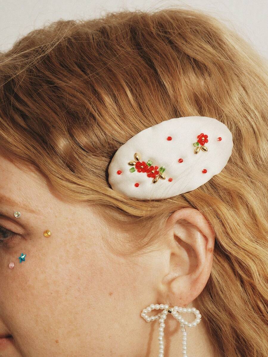 Popjeli Beaded Little Safflower Cute BB Clip,Y2K/Cute/Colorful/Chic,DIY,PINK,Summer/Beach/Prom/Part/Vacation/Travel,For Mom/Women/Girl/Mother,Heart,Floral - White - View 1