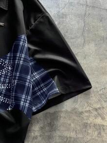 AXEPEAK Plus Size Men's Casual Shirt With Rhinestone Spider Web & Plaid Patchwork, Short Sleeve - Multicolor - View 8