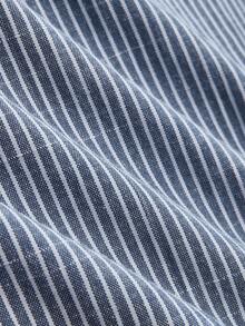 SHEIN LUNE CURVE Plus Size Women's Spring/Summer Linen Striped Casual Comfortable Basic Striped Pants, Everyday/Beach Wear Capri Pants With Button Decor - Navy Blue - View 5