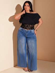 SHEIN BAE 大尺碼女款蕾絲拼接單肩休閒百搭日常穿搭上衣 - 黑色 - 查看 2