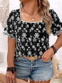 EMERY ROSE Plus Size Women Floral Embroidery Square Collar Short Sleeve Casual Boho Shirt Vacation Black And White Summer Business - Black - View 5