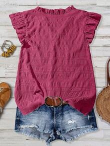 SHEIN LUNE CURVE Blus Kasual Pas Badan Wanita Ukuran Plus Warna Polos Bertekstur Leher V dengan Hiasan Ruffle dan Lengan Kelopak - Hot Pink - View 2