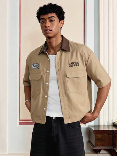 SWAVVY Men's Contrast Color Front Button Pocket Casual Short Sleeve Shirt