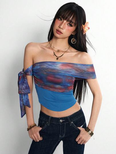 Rina Fox 2026新款露肩系带修身短款网纱印花夏季性感修身露肩女式上衣