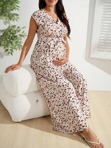 SHEIN Bộ đồ bầu mùa hè, áo không tay thắt eo in hoa và quần ống rộng cạp cao, bộ 2 món rộng rãi và thoải mái cho bà bầu. - Nhiều màu - Xem 3