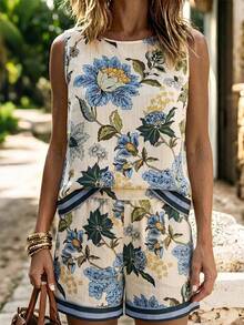 EMERY ROSE Women's Retro Floral Print Sleeveless Tank Top And Shorts Set,Loose Beige Summer Boho Vacation Holiday Two Pieces Outfit,Beach Photography Apparel - Multicolor - View 3