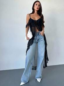 Firerie Áo hai dây maxi cổ chữ V xếp ly xuyên thấu gợi cảm kiểu Bohemian dành cho nữ, thích hợp cho lễ hội âm nhạc, kỳ nghỉ biển. - màu đen - Xem 6