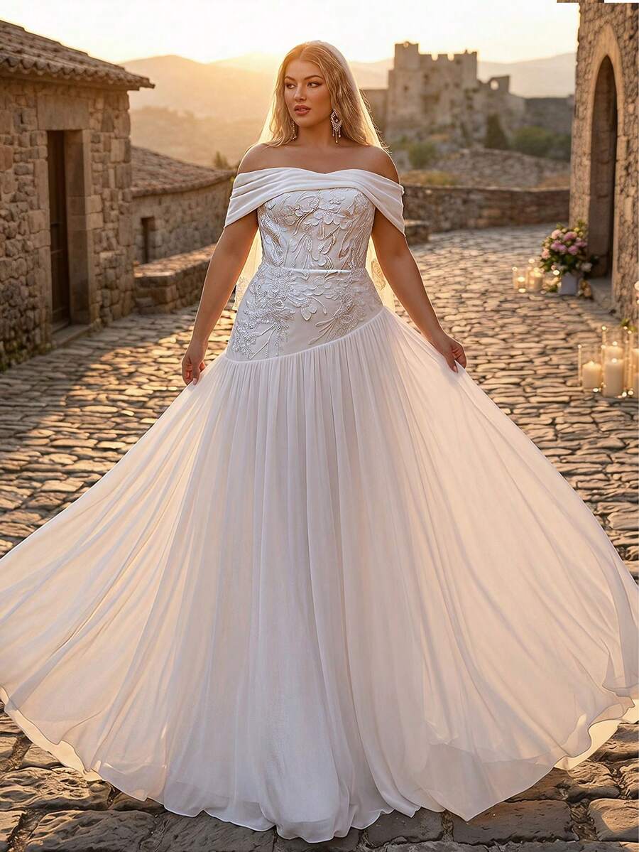 Glamrae Đầm cưới trễ vai sang trọng, thanh lịch, cỡ lớn, đính ren thêu tinh tế, phù hợp cho đám cưới, tiệc tùng, kỳ nghỉ, dạ hội và tuần trăng mật. - trắng - Xem 1