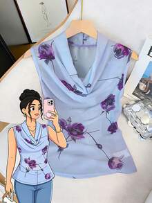 GlowEve CURVE Áo tank top dáng rộng chất liệu chiffon in kỹ thuật số, thích hợp mặc mùa hè. - Màu tím hoa cà - Xem 3