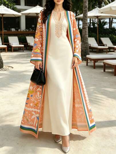 SHEIN Najma Brown Palm Tree, Landscape, Beach Elements With Striped Pattern Women's Dignified And Elegant Arabian Robe, Spring/Summer Fashion Long Sleeve Cardigan Long Coat, Bohemian Style Orange Coverup, Asian Apparel