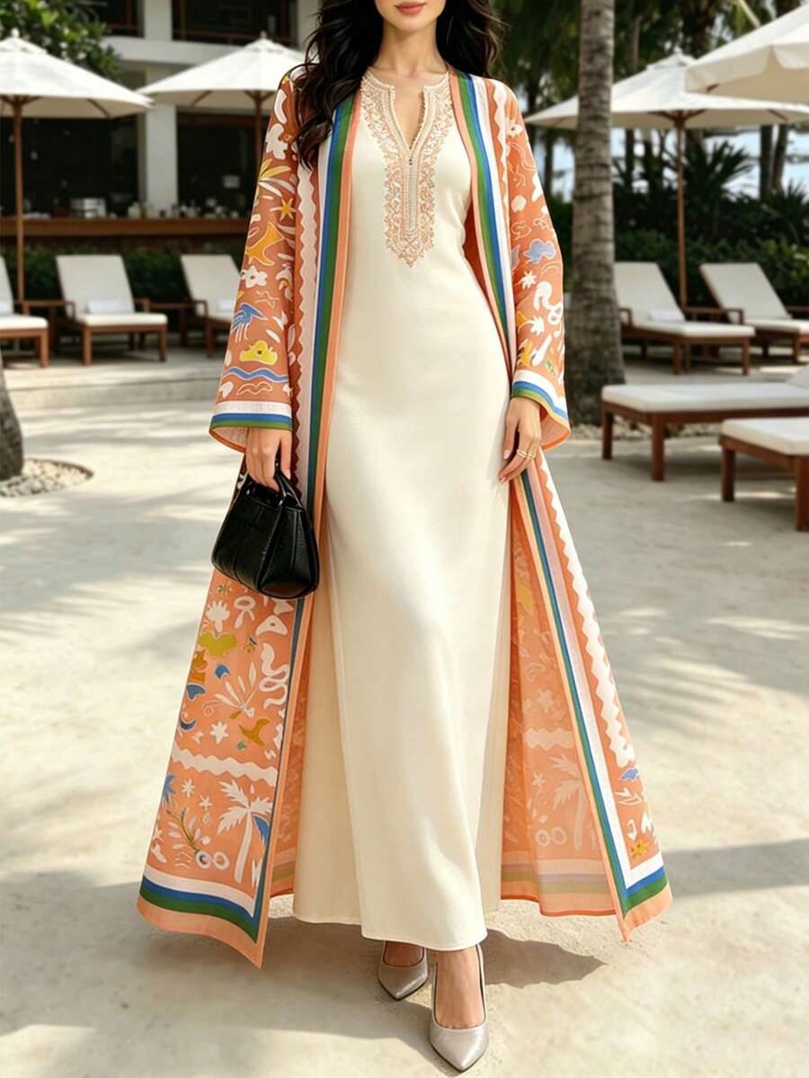 SHEIN Najma Áo choàng Ả Rập thanh lịch và trang nhã dành cho nữ, họa tiết cây cọ nâu, phong cảnh, bãi biển, áo khoác dài tay thời trang xuân/hè, áo choàng dài màu cam phong cách Bohemian, trang phục châu Á. - Nhiều màu - Xem 1