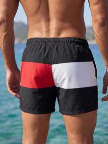 Manfinity Swimmode 男士對比色抽繩腰鬆身沙灘短褲，夏季度假風 - 黑與白 - 查看 2