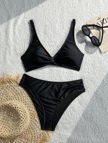 Swim Basics 夏季沙灘女士純色扭結前扣比基尼套裝 - 黑色 - 查看 4