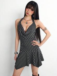 INAWLY 女士条纹露背吊带紧身不对称下摆短裙 - 彩色 - 查看 4